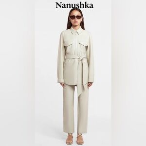 Nanushka Artha Cream-Colored Faux Leather Button Down Belted Blouse, size L